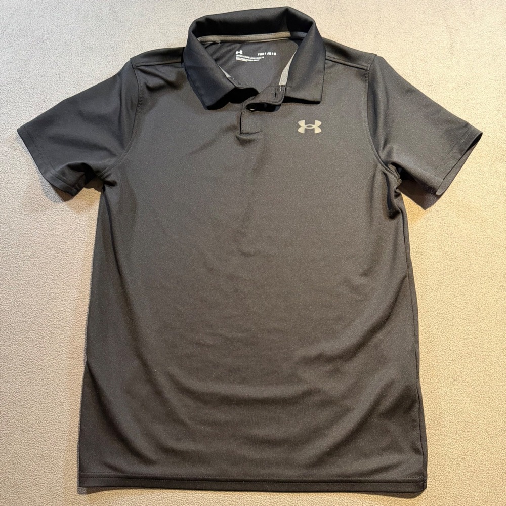 Under Armour Boys Polo Shirt Black Short Sleeve Loose Fit YMD Medium Golf Top